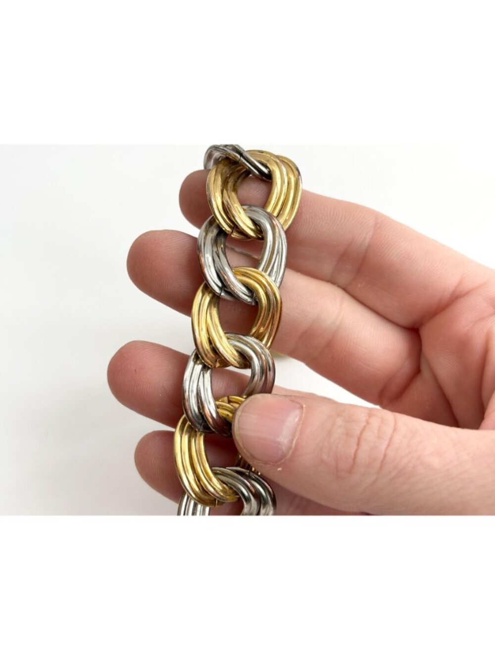 Dual Gold & Silver Double Strung Chunky Vintage 80's Style Bracelet - Picture 8 of 16